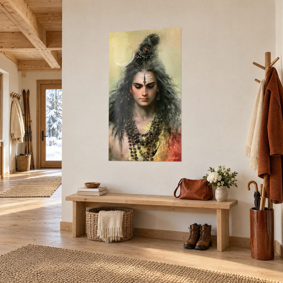 Tableau jeune ascète paupières baissées, front strié de cendre blanche, chignon noir et ocre, dans une entrée de chalet en bois
