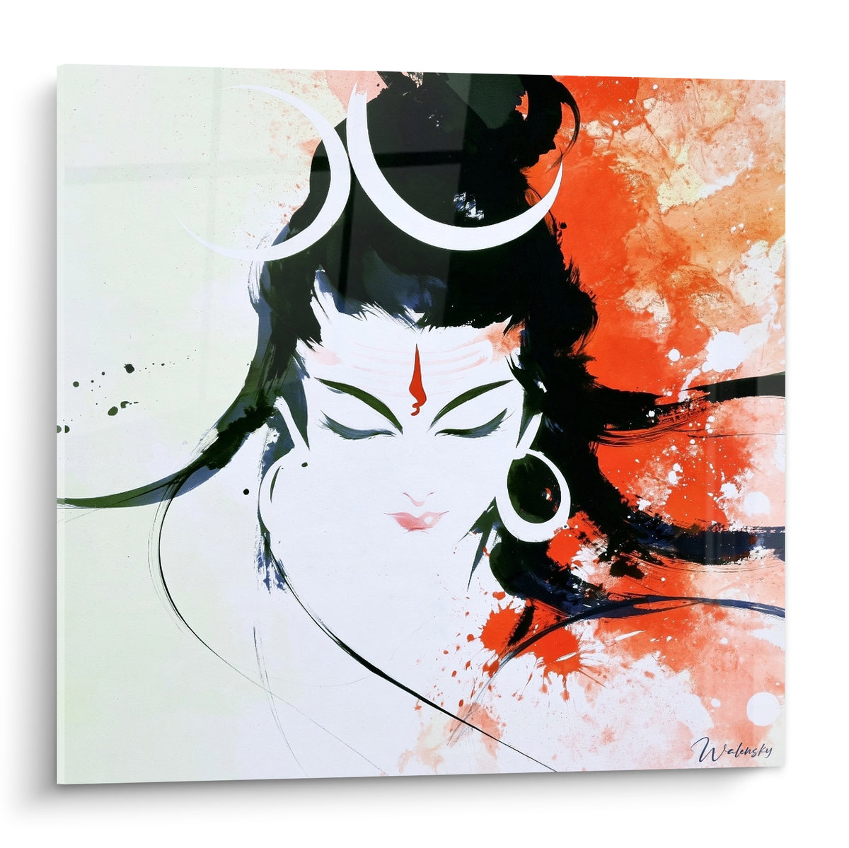 Shiva aux yeux clos, croissant blanc et éclaboussures orange sur fond anthracite peint en aquarelle