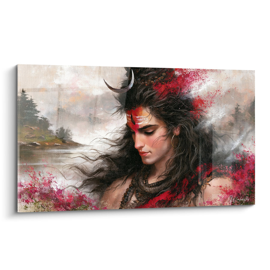 Tableau Visage brun et rouge au lac brumeux - Rivage embrumé aux pins - Edition Shiva
