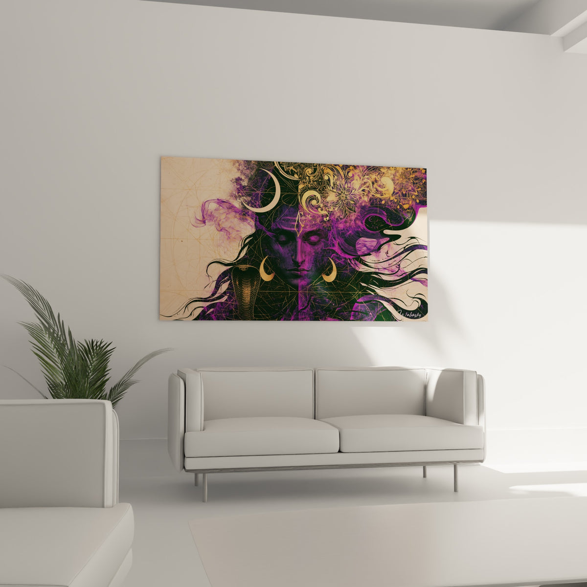 Shiva médite en violet profond et doré, cobra et croissants lunaires visibles, au-dessus d'un canapé dans un salon lumineux