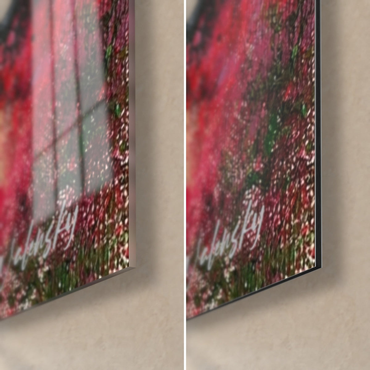 Wall art Shiva, bottom right corner: red flowers and green touches on cream background, white signature, 3 mm black edge, glossy glass and matte Dibond