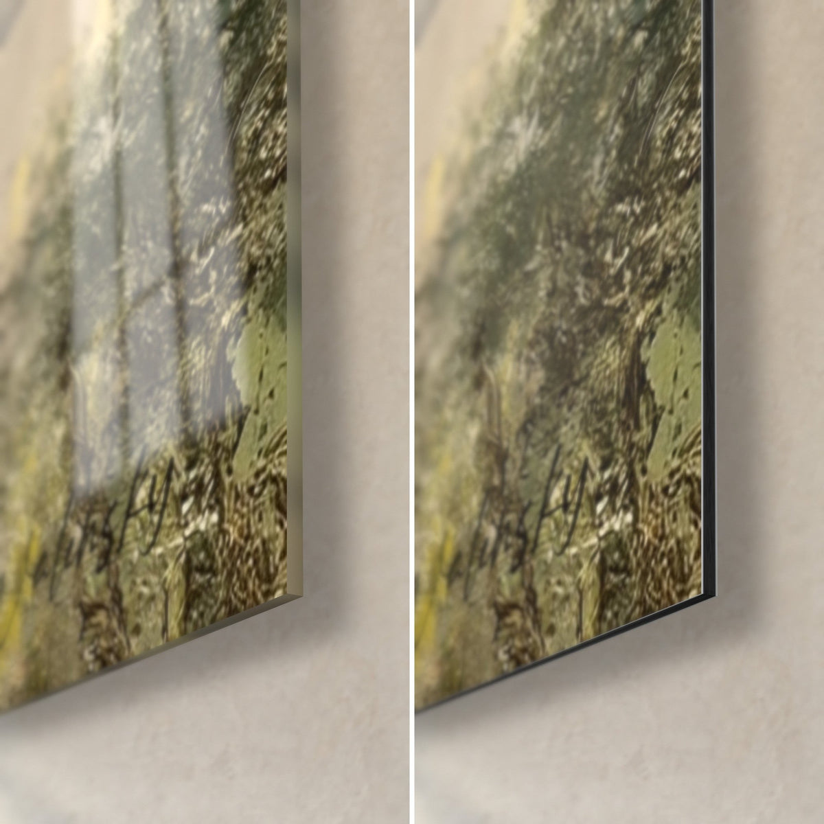 Wall art Shiva with green and ochre mist, bottom right corner: glossy acrylic glass on the left, matte Dibond aluminium on the right, 3 mm edge