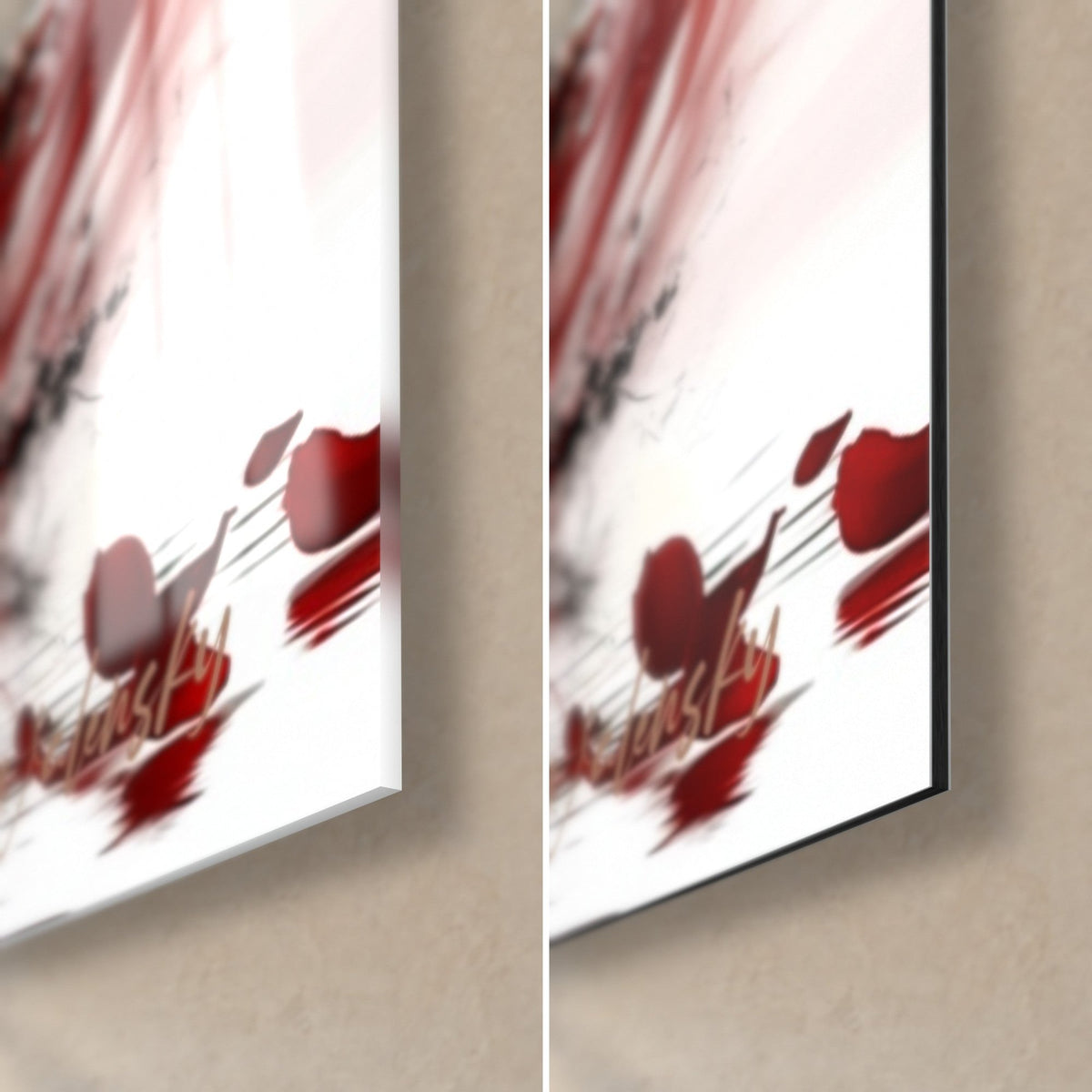 Wall art of a tattooed god with red petals, bottom right corner: glossy acrylic glass on the left, matte black Dibond aluminum on the right