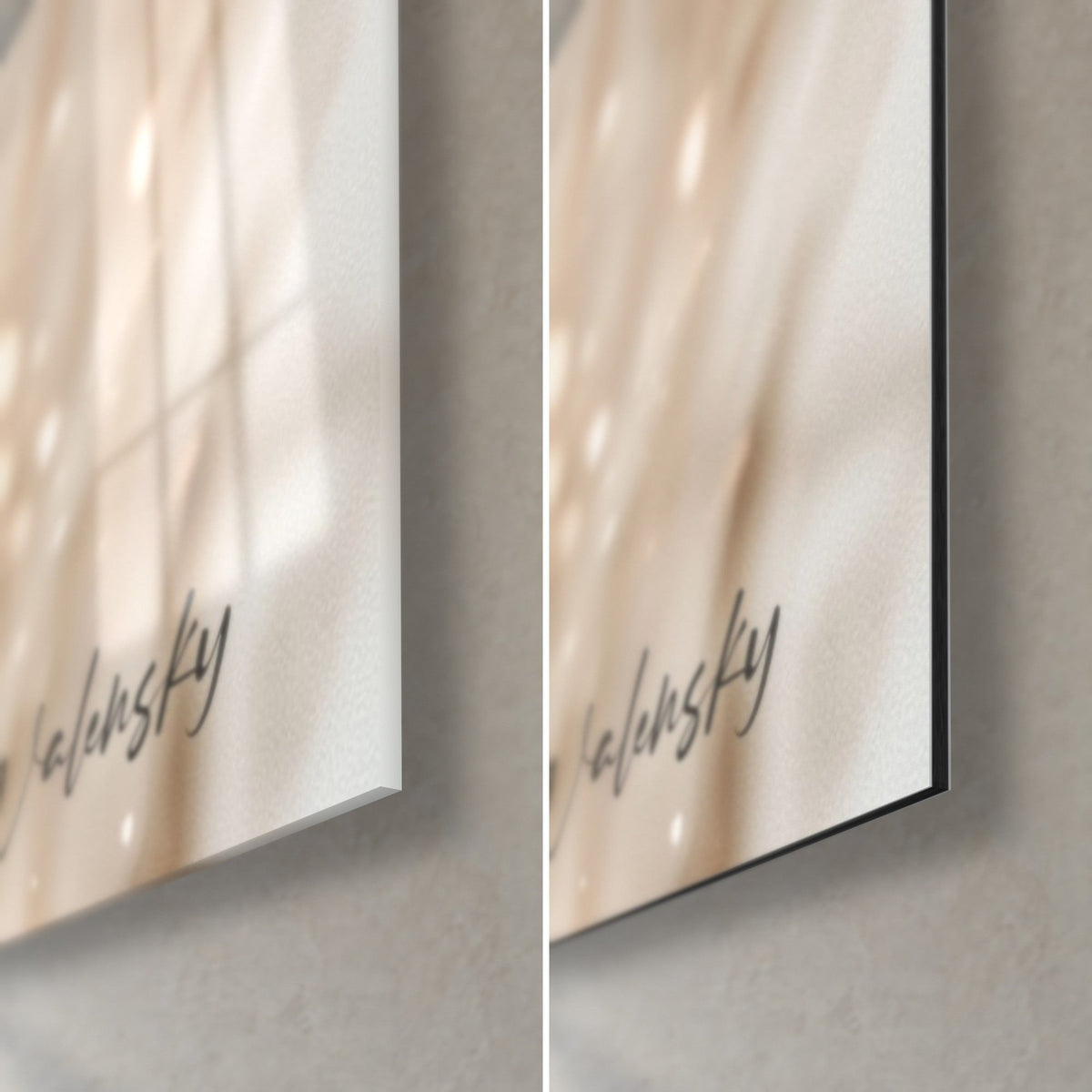 Wall art Shiva with black hair, bottom right corner: glossy glass on the left, matte beige Dibond aluminium on the right, 3 mm edge