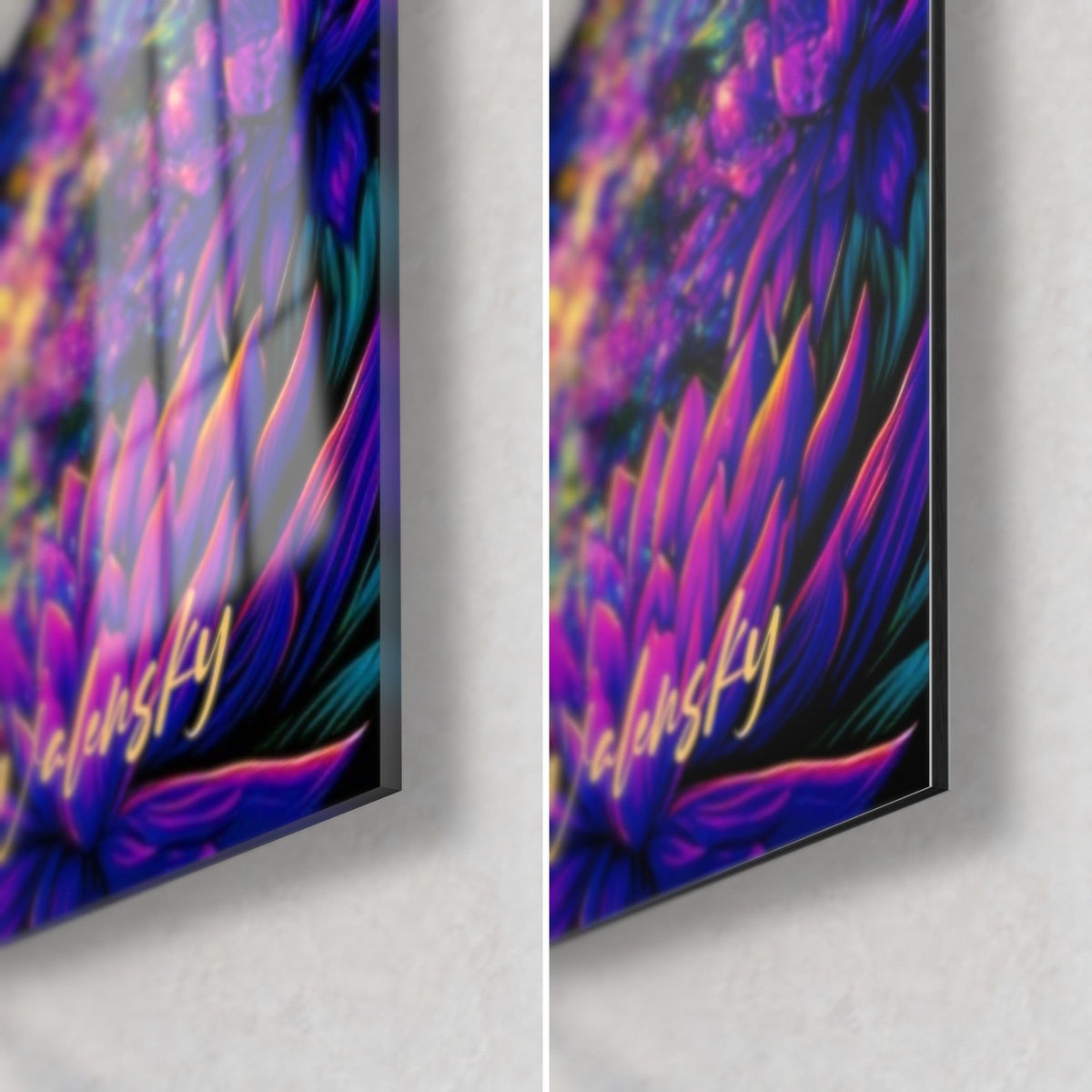 Tableau Shiva en transe, fleurs de lotus violettes : coin bas droit en verre brillant et alu Dibond mat, tranche de 3 mm