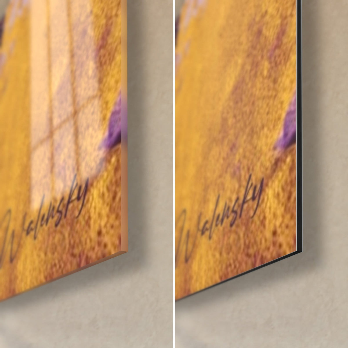 Wall art violet and gold portrait, grainy gold flecks bottom right, glossy acrylic glass on the left, matte Dibond aluminum and edge on the right