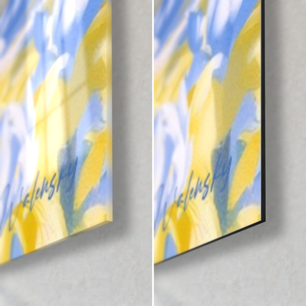 Wall art of a Hindu deity with yellow and blue lilies, bottom right corner, glossy acrylic glass on the left, matt black Dibond on the right