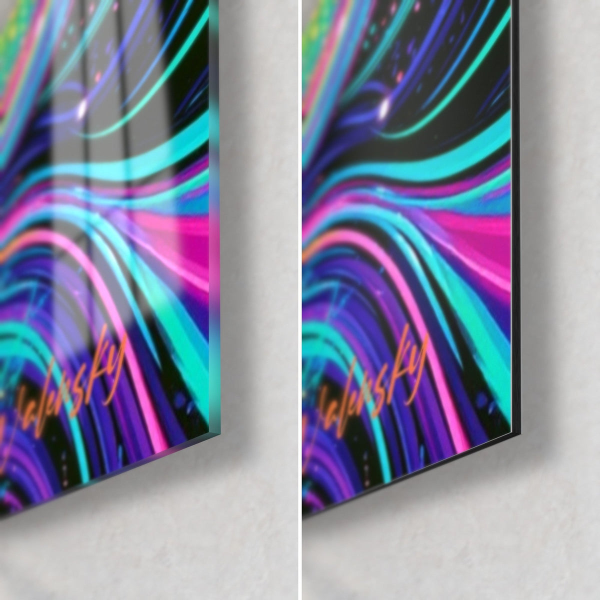 Wall art of Shiva with flowing turquoise and pink hair, bottom right corner: glossy acrylic glass on the left, matte Dibond on the right, 3 mm edge