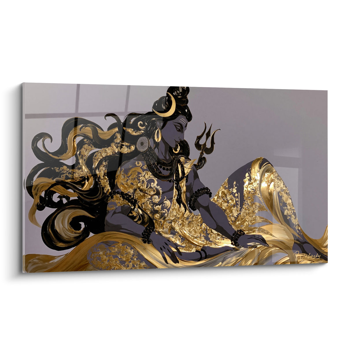 Shiva allongé en gris anthracite et or, trident en main, chevelure dorée en volutes