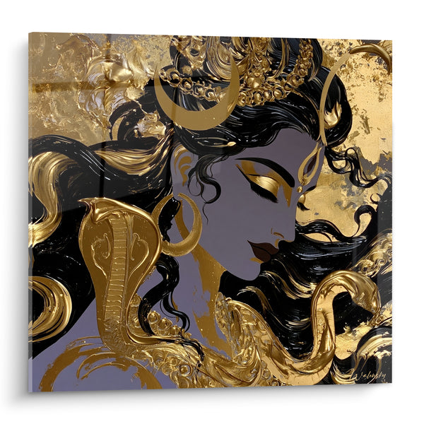 Tableau Shiva doré aux mèches noires et cobra - Recueillement sacré - Edition Shiva
