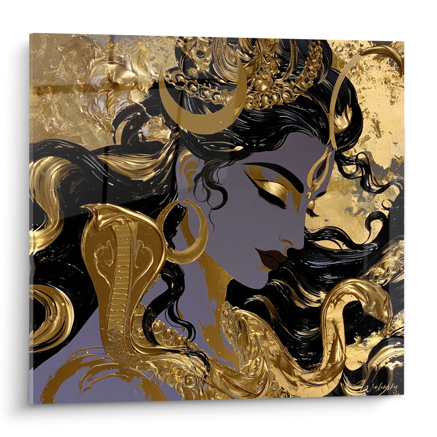 Tableau Shiva doré aux mèches noires et cobra - Recueillement sacré - Edition Shiva
