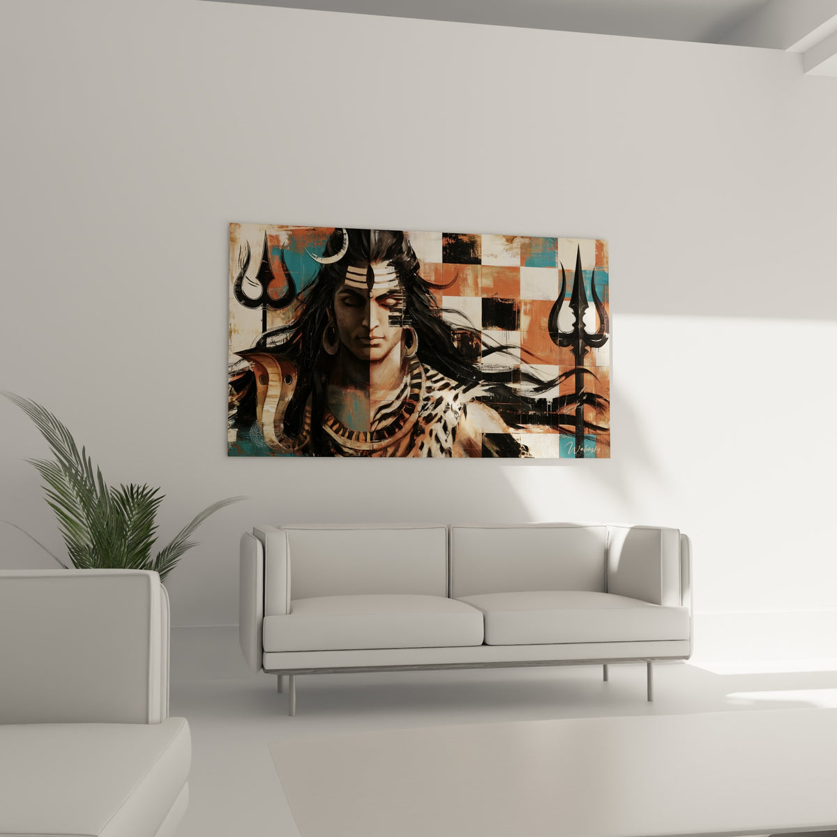 Portrait mythologique aux tons terracotta et dorés, suspendu au-dessus d'un canapé dans un salon lumineux