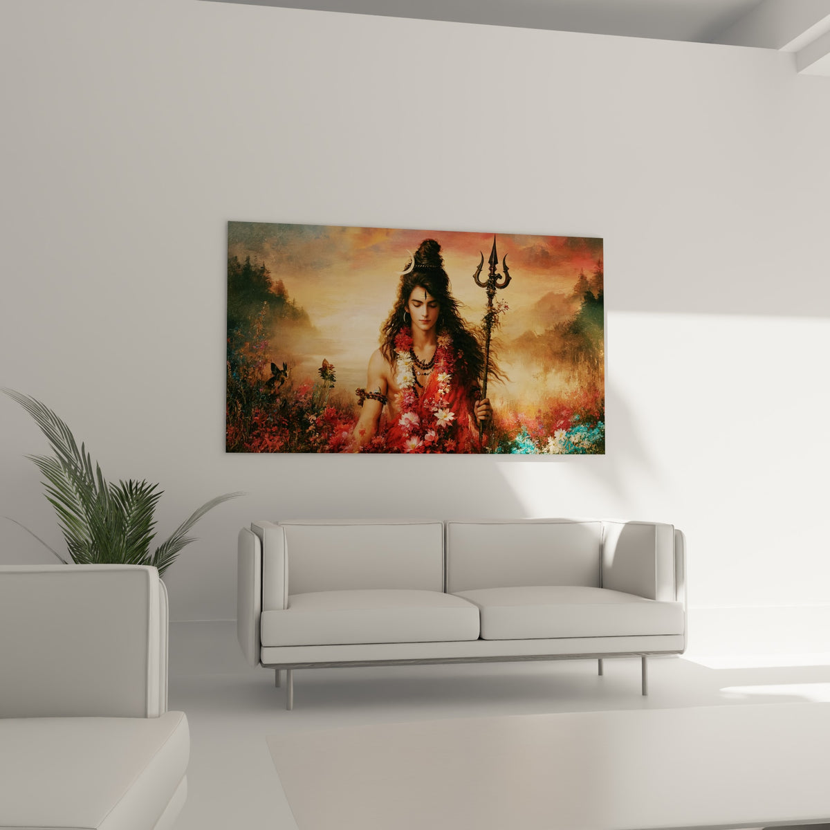 Silhouette spirituelle drapée de guirlandes rouges et blanches, au-dessus d'un canapé dans un salon lumineux