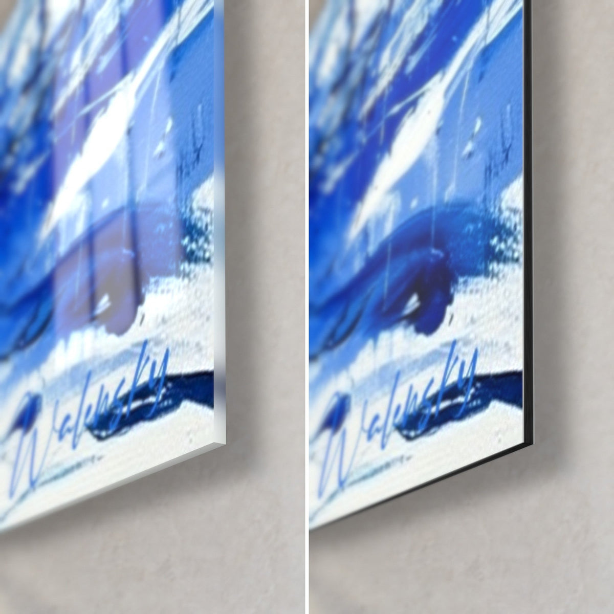Wall art Shiva in blue, Walensky signature bottom right corner, glossy acrylic glass and matte white Dibond aluminium, 3 mm edge