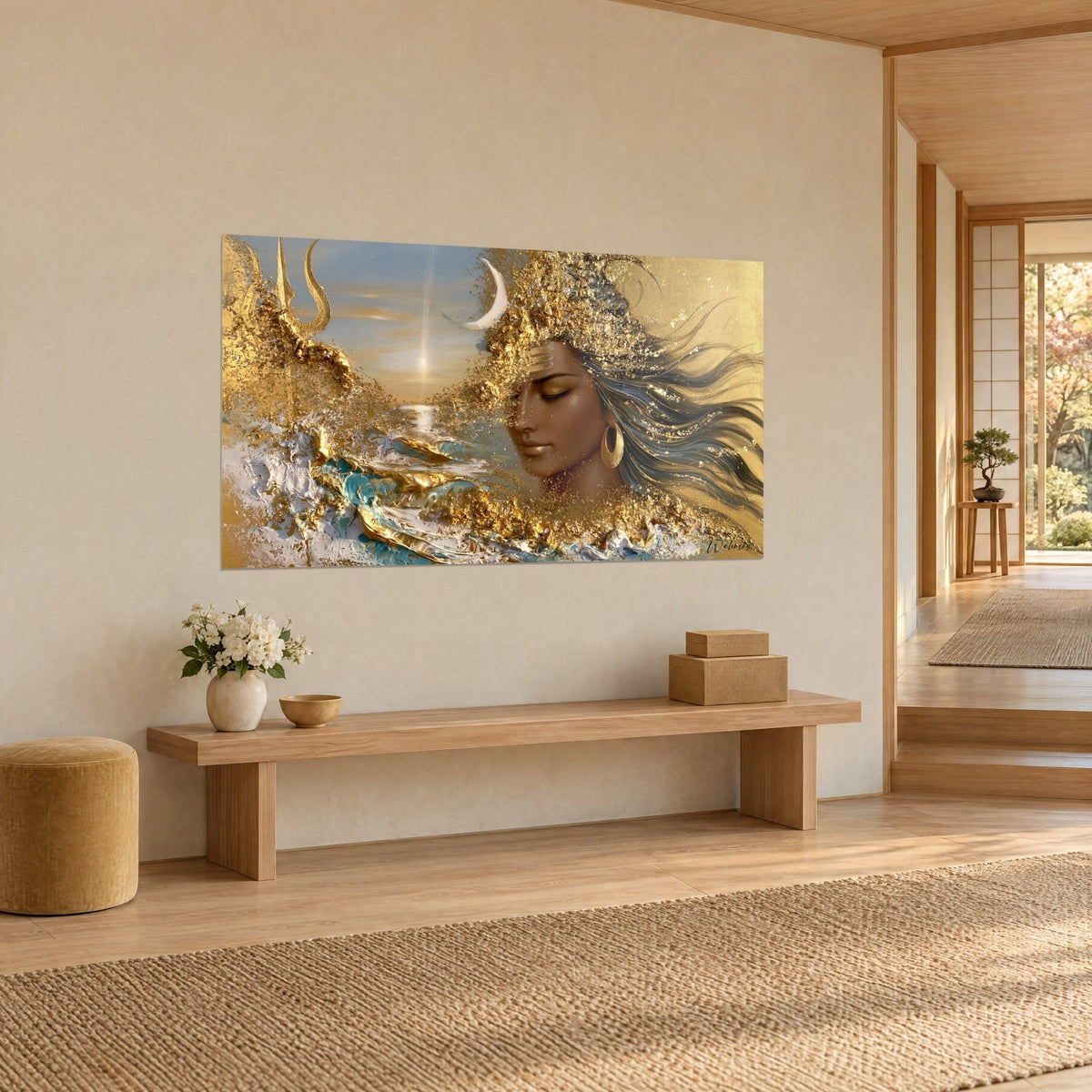 Wall art golden portrait with closed eyes, ivory crescent moon and golden trident, white waves, three-quarter view in a japandi hallway