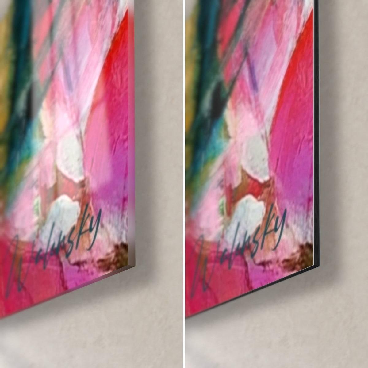 Wall art pink and blue Shiva, bottom right corner in glossy glass and matte Dibond, white signature and 3 mm edge