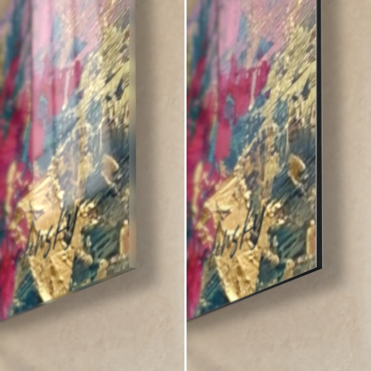Wall art Shiva in pink and gold tones, bottom right corner: glossy acrylic glass on the left, matte black Dibond on the right, 3 mm edge