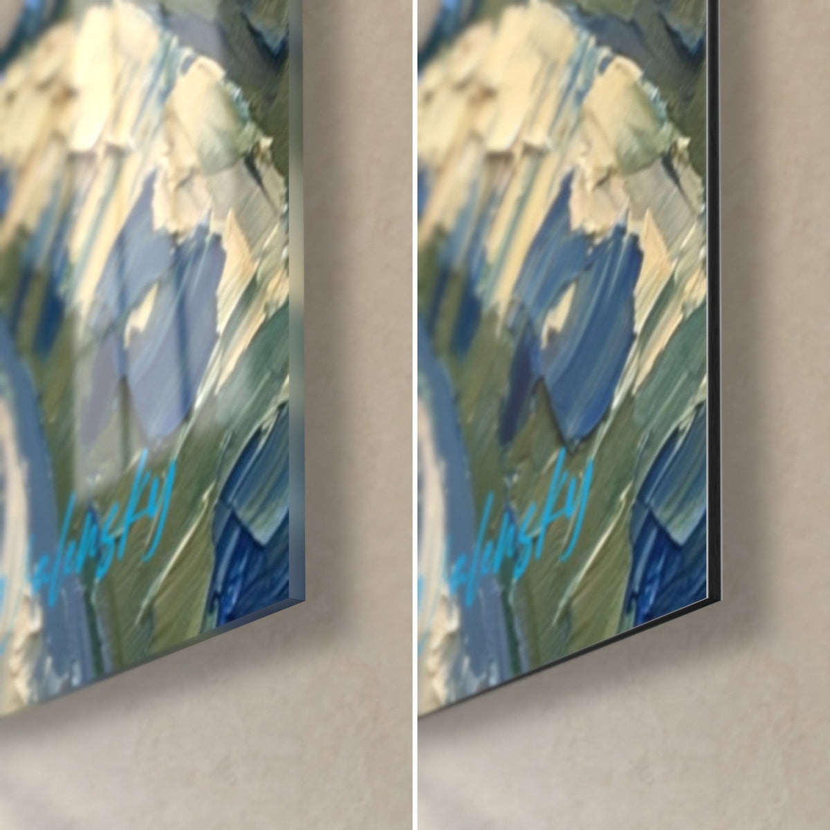 Wall art of a Shiva face in thick blue and ivory brushstrokes, bottom right corner: glossy glass on the left, matte Dibond on the right