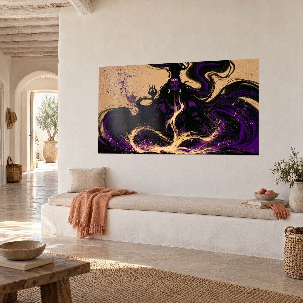 Wall art meditating Hindu god in swirling black and violet ink, sand background, dark trident, three-quarter view on a white wall