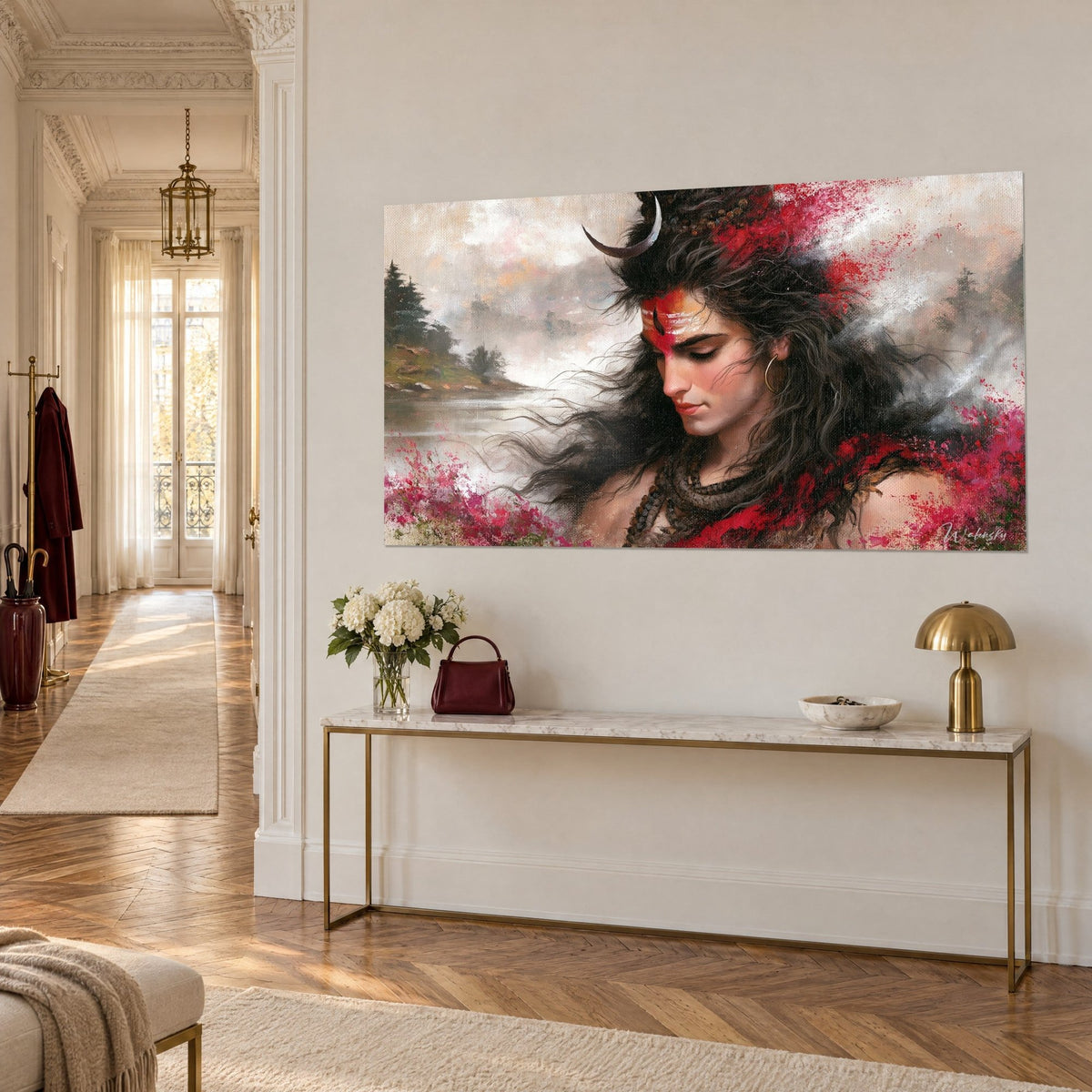 Wall art painted portrait of a god with lowered eyelids, rosy face and carmine splashes on grey lake, above a gilded console table