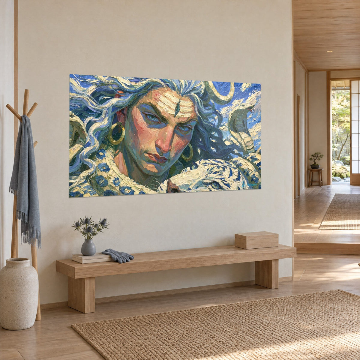 Wall art of Shiva with glacier-blue eyes and gold earrings, cobra rearing to the right, on a beige japandi entryway wall