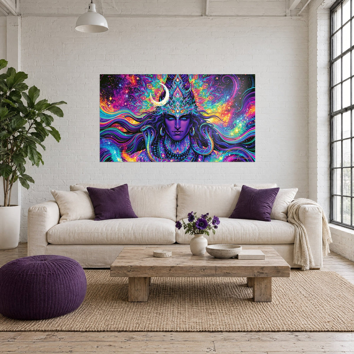 Wall art of Shiva with violet face and white crescent moon, long turquoise and pink hair, above a sofa in a bright living room