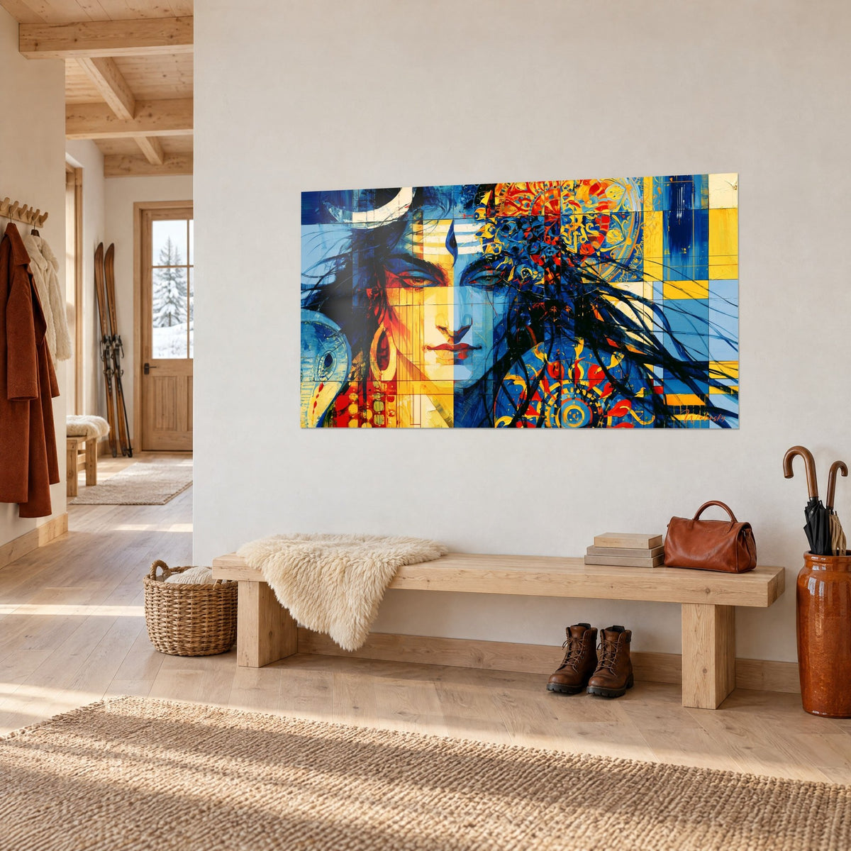 Wall art deity with chiseled eyes, golden mandalas and ink-black hair, white chalet wall, three-quarter view