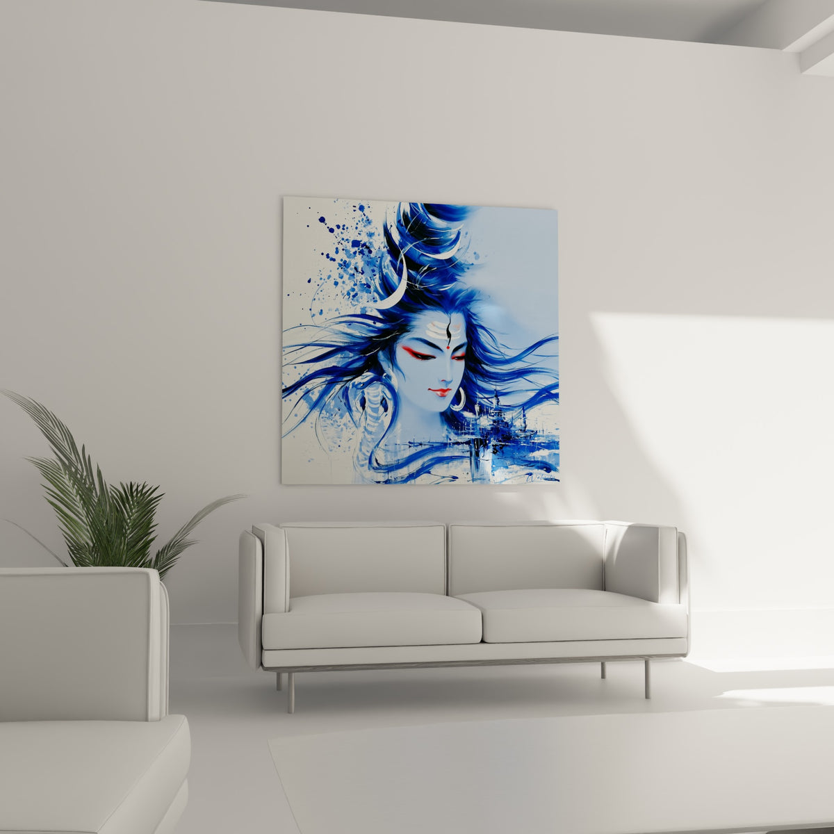 Shiva serein aux cheveux bleus tourbillonnants et lèvres rouges, au-dessus d'un canapé dans un salon lumineux