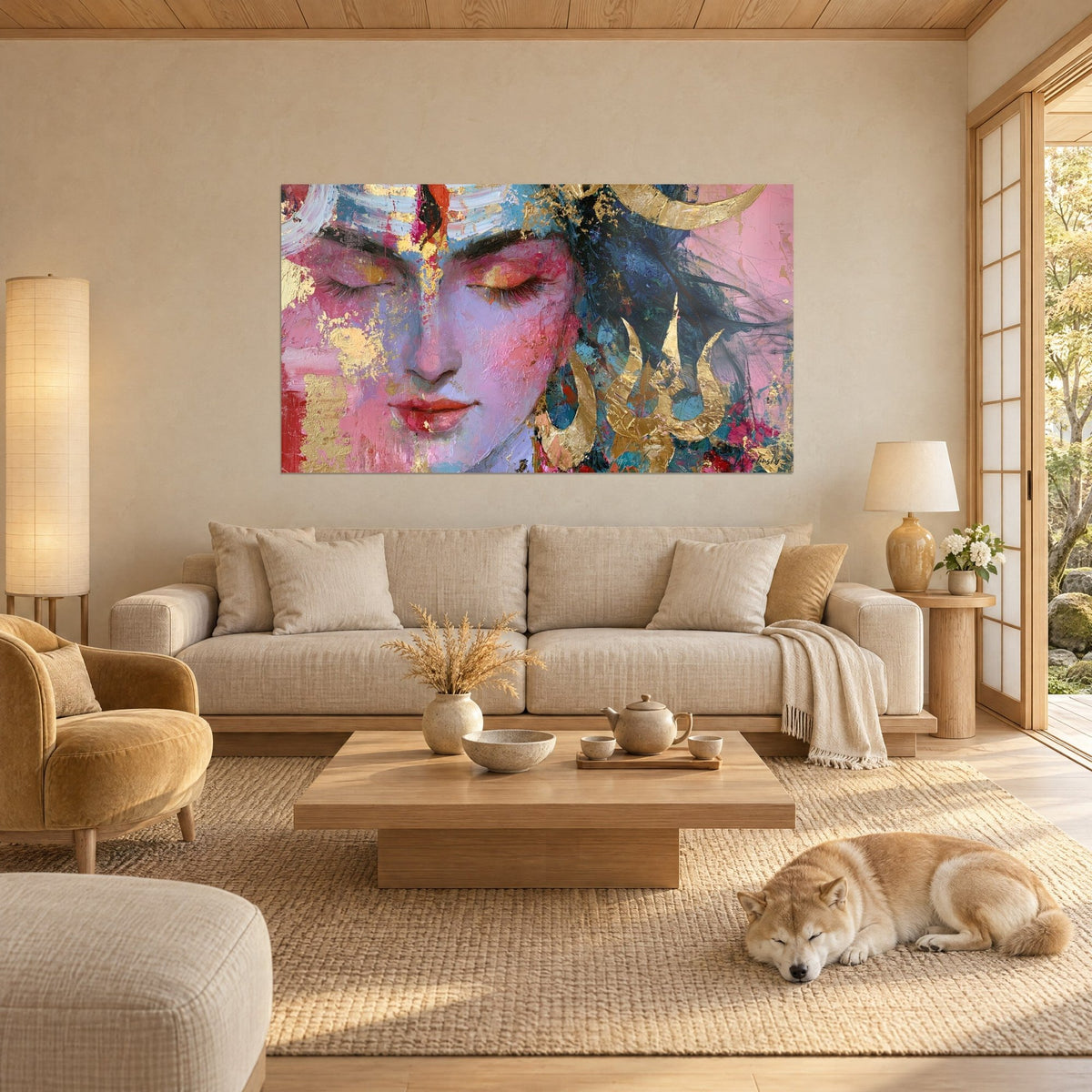 Wall art Shiva face with closed eyelids, rosy cheeks and a raised gold trident, Shiba lying above a sofa in a bright living room