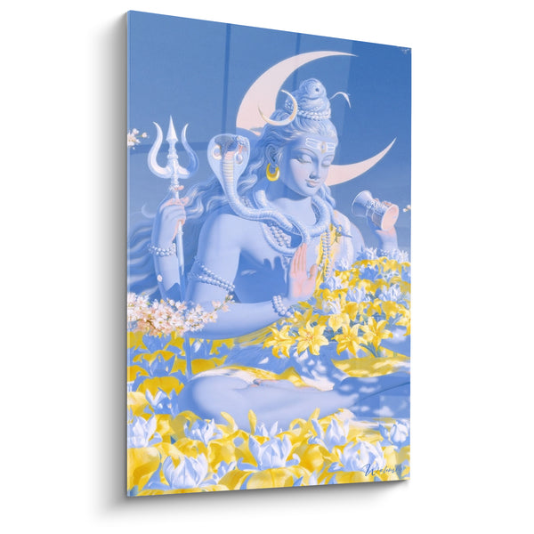 Tableau Divinité bleue et jaune assise parmi les lys - Croissant lunaire immense - Edition Shiva