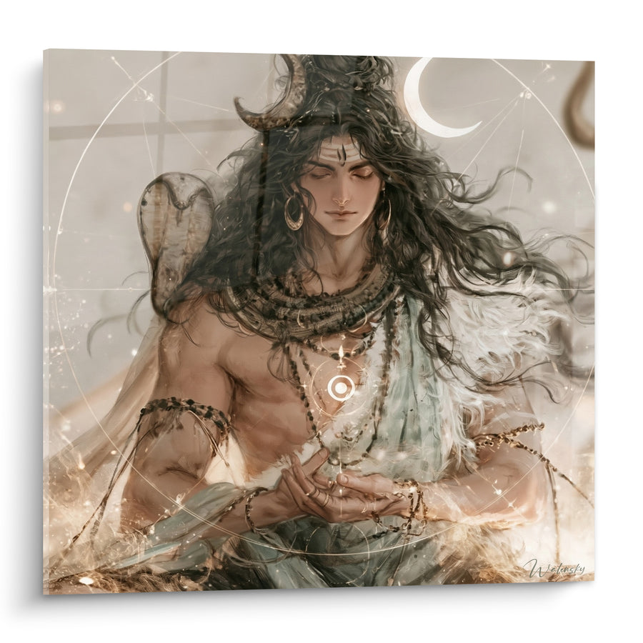 Tableau Cobra ivoire aux mèches brunes et croissant lunaire - Cercle sacré géométrique - Edition Shiva