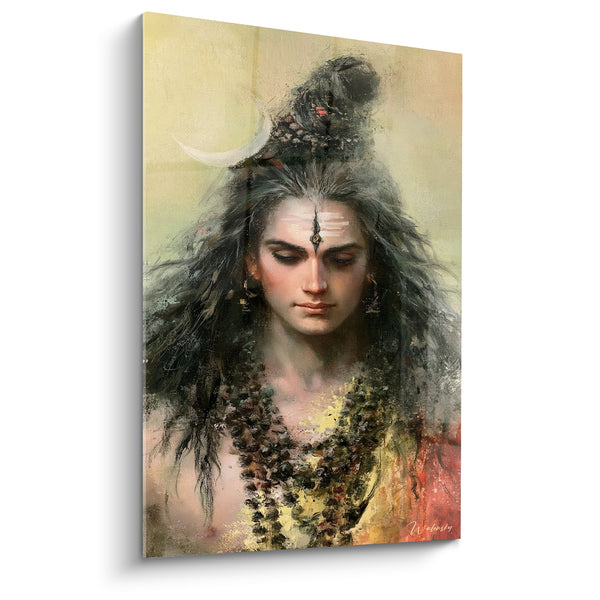 Tableau Visage gris et ocre au croissant lunaire blanc - Collier de perles brunes - Edition Shiva