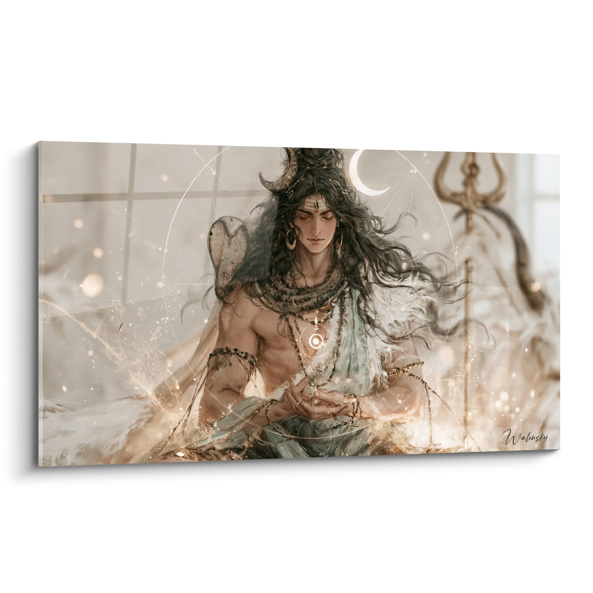 Shiva médite yeux clos, chevelure anthracite et lueurs dorées, croissant de lune sur fond beige