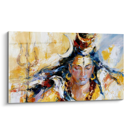 Tableau Visage ocre et bleu au trident lointain - Croissant blanc arqué - Edition Shiva