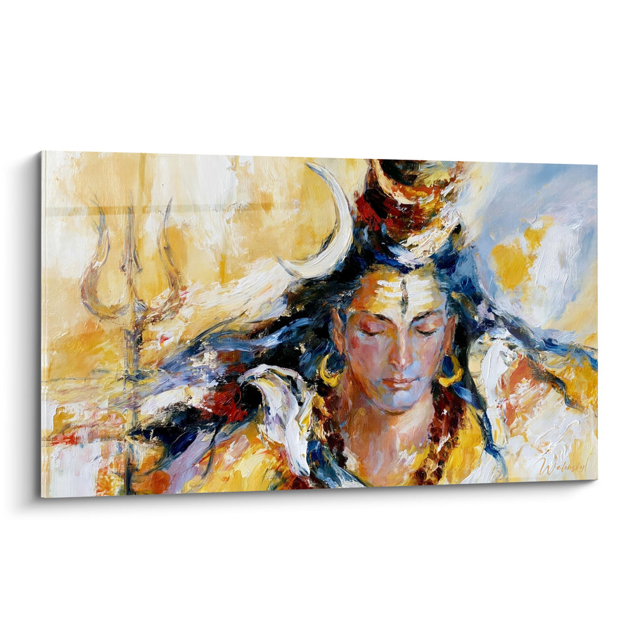 Tableau Visage ocre et bleu au trident lointain - Croissant blanc arqué - Edition Shiva