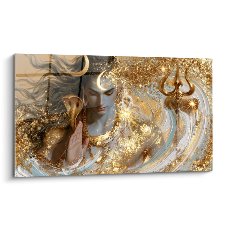 Tableau Cobra doré et blanc tourbillon d'écume - Trident scintillant lointain - Edition Shiva