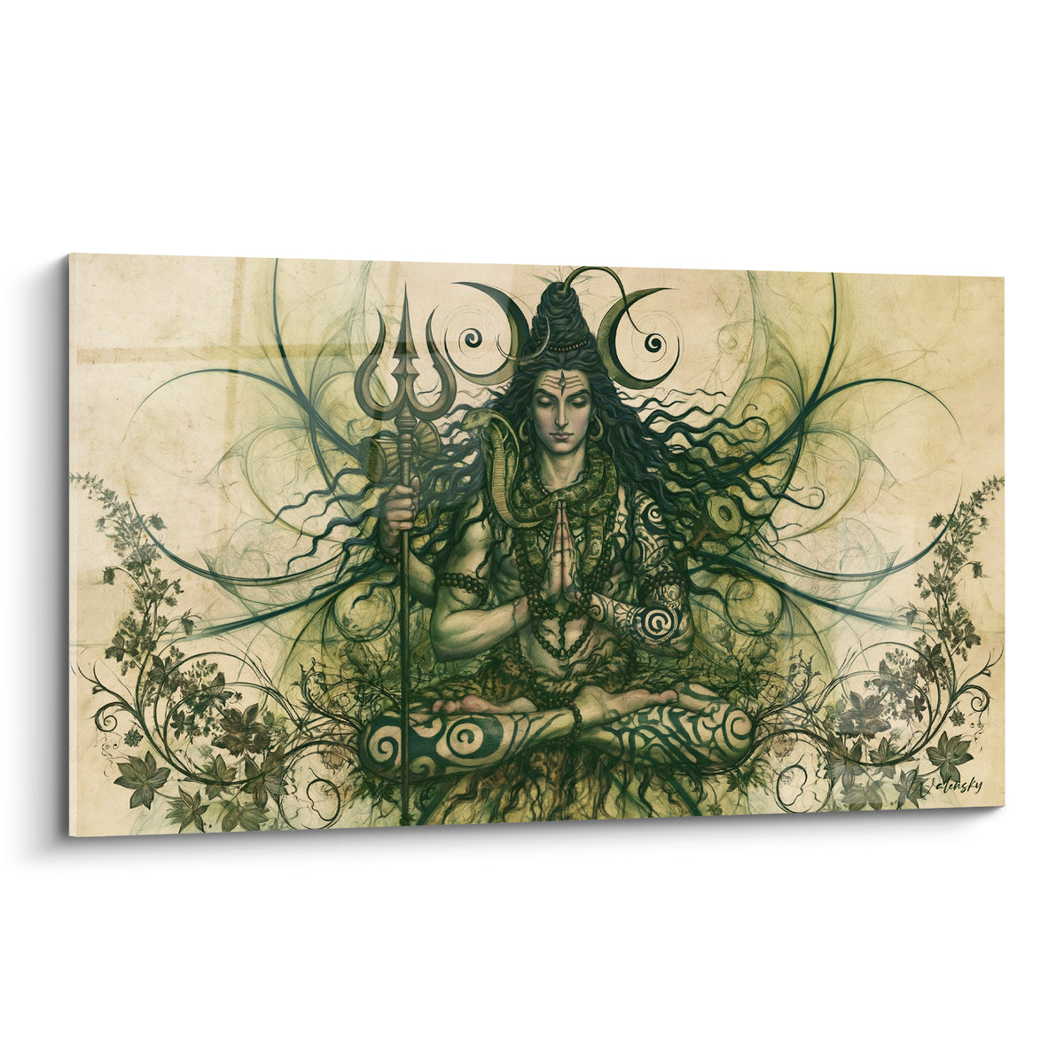 Shiva médite en tailleur, trident doré en main, fond ocre et vert sauge orné de volutes