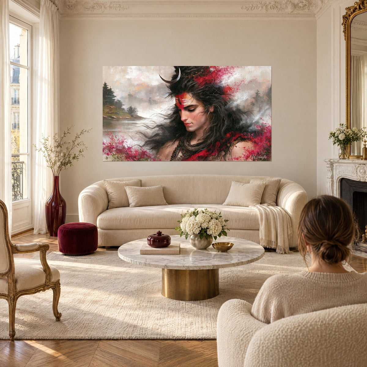 Wall art Shiva with forehead painted in red ash, crescent moon in the hair, black hair blowing in the wind, above a sofa in a bright living room