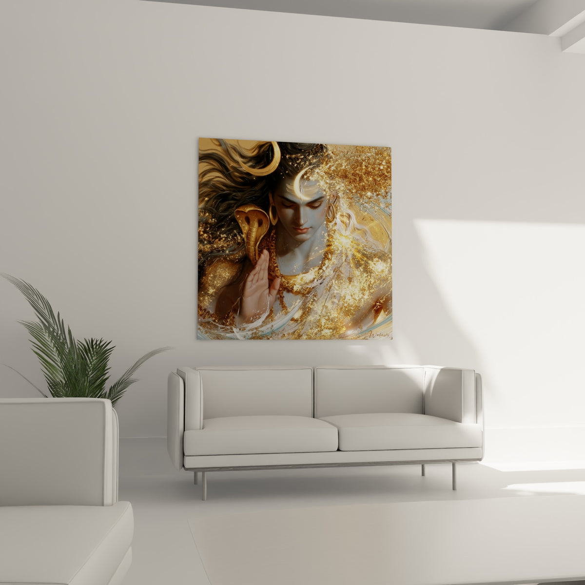 Méditation de Shiva dans un tourbillon d'or et de bleu pâle, au-dessus d'un canapé dans un salon lumineux