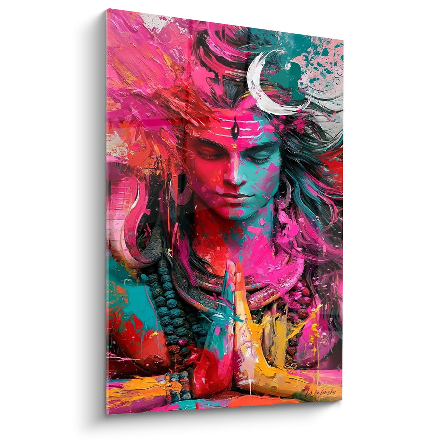 Tableau Visage rose et turquoise aux mains jointes en prière - Défenses d'éléphant blanches - Edition Shiva
