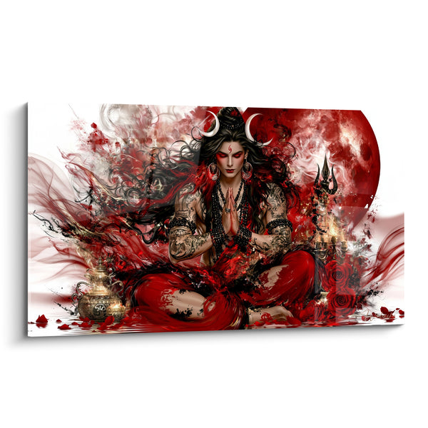 Tableau Divinité rouge et noire aux roses écarlates - Vase doré ouvragé - Edition Shiva
