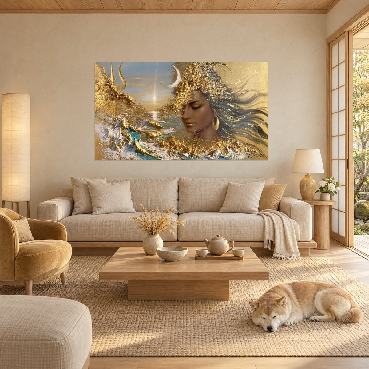 Wall art goddess face with gold glitter and grey streaks, turquoise waves, sleeping Shiba dog, above a sofa in a bright living room