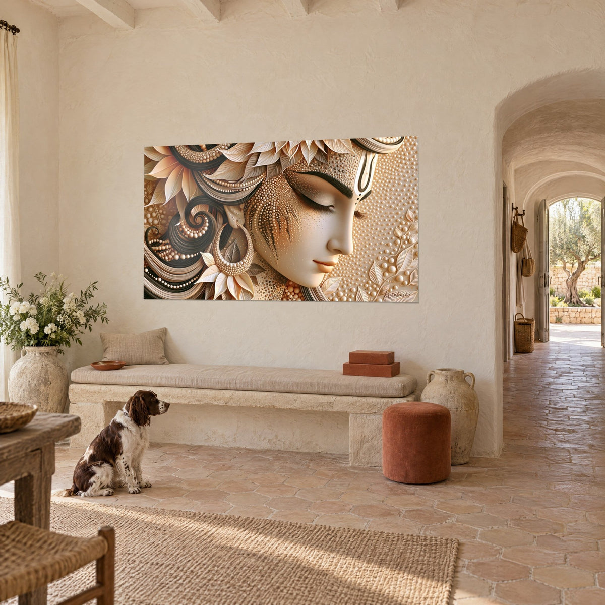 Wall art of a serene profile adorned with cream petals and chocolate-brown swirls, on a farmhouse wall next to a seated spaniel