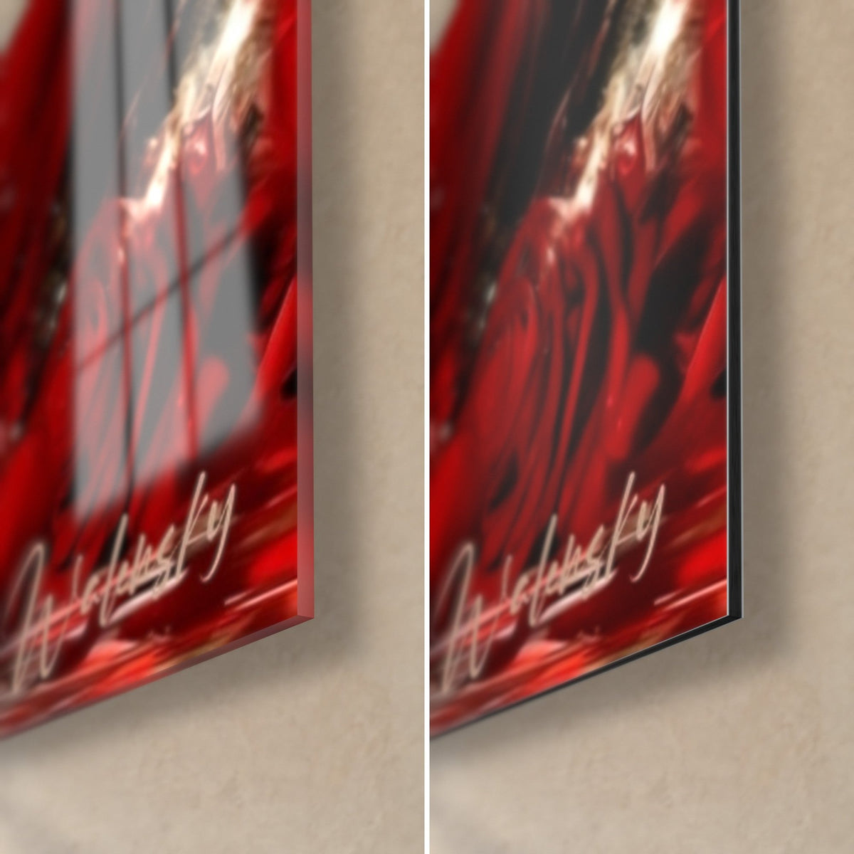 Wall art of a praying yogi, bottom right corner: glossy red acrylic glass on the left, matte black Dibond aluminum on the right, 3 mm edge