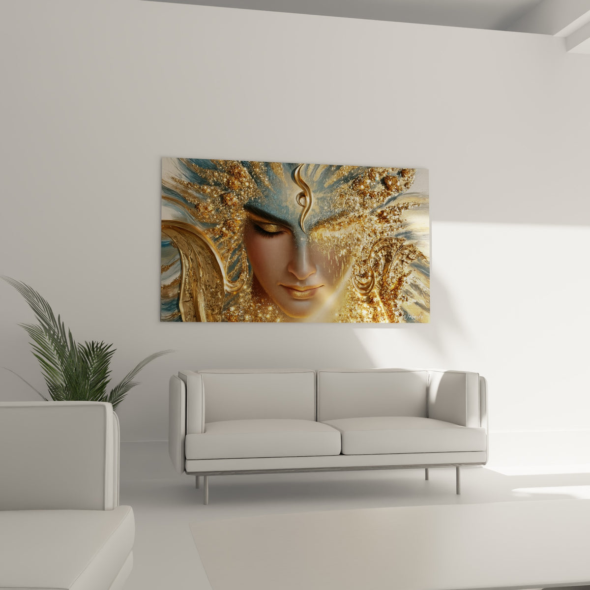 Portrait doré de Shiva aux reflets anthracite, au-dessus d'un canapé dans un salon lumineux
