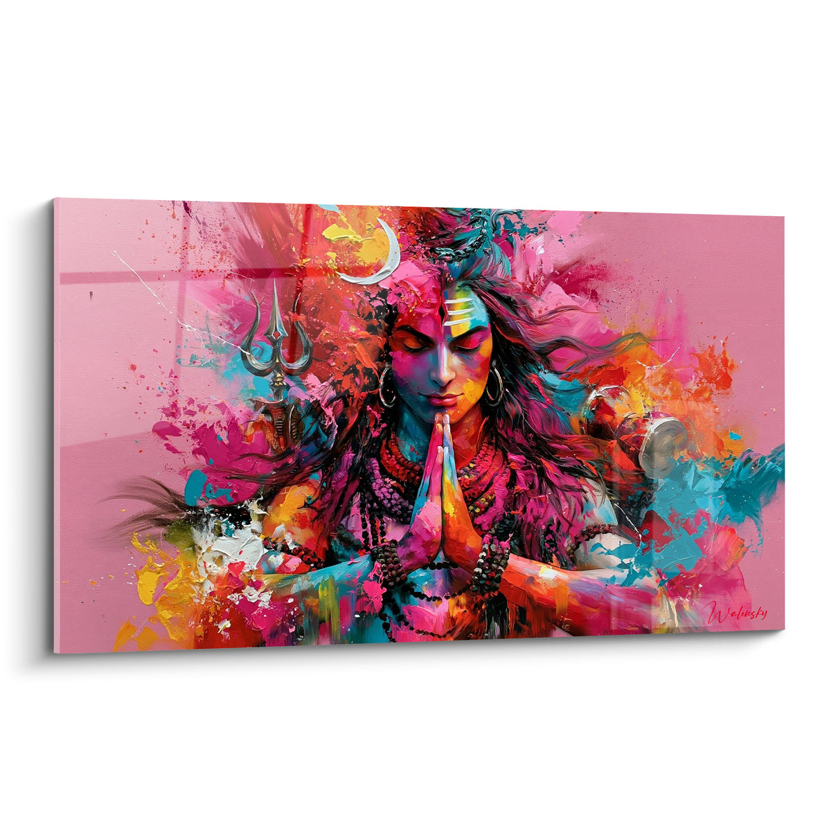 Shiva en méditation, visage rose et turquoise, mains jointes, éclats de peinture orangée sur fond rosé