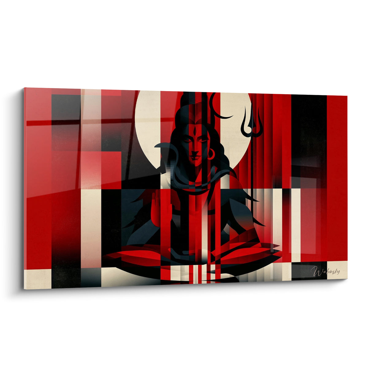 Wall art Shiva meditating in lotus pose, scarlet red and anthracite black on a background of vertical bands