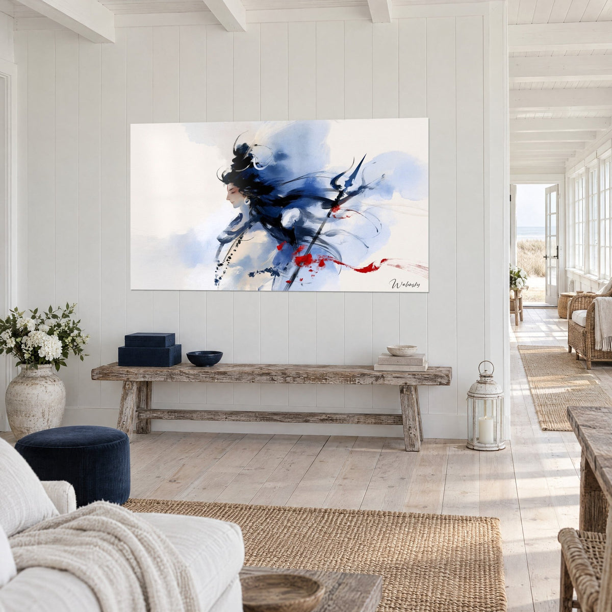 Wall art Hindu deity in indigo watercolour on a cream background, long black hair blowing in the wind, hung in a seaside home