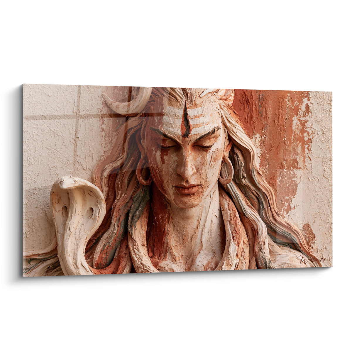 Shiva sculpté aux yeux clos, tons ocre et terracotta, texture pierre érodée finement détaillée