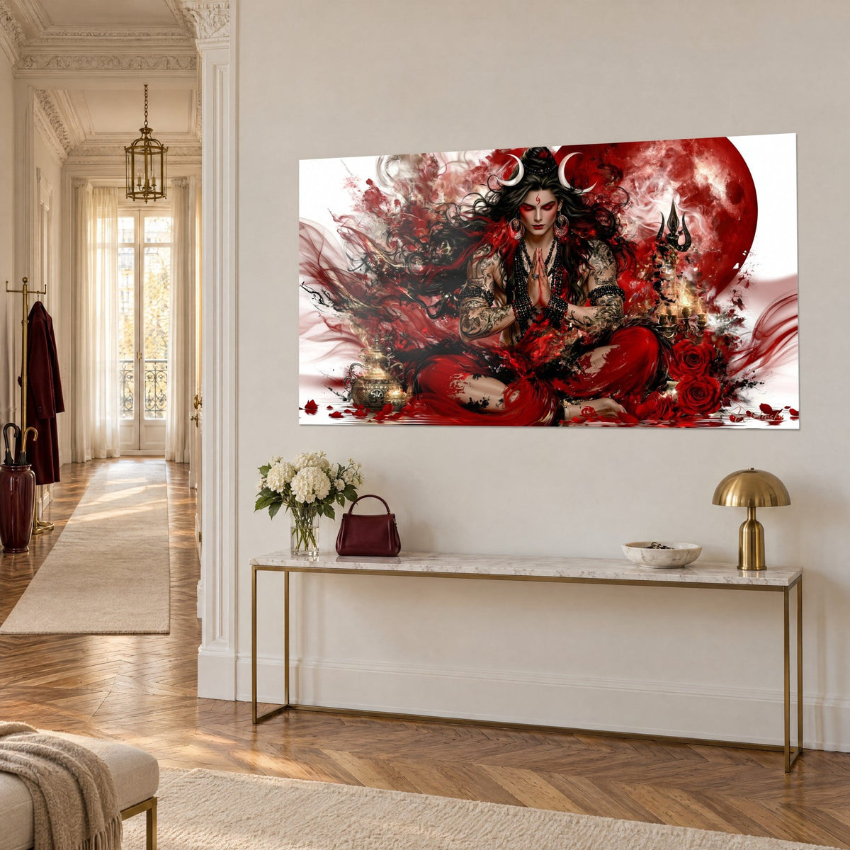 Wall art of Shiva in meditation under a scarlet moon, black hair and red petals, on a white Haussmann-style wall